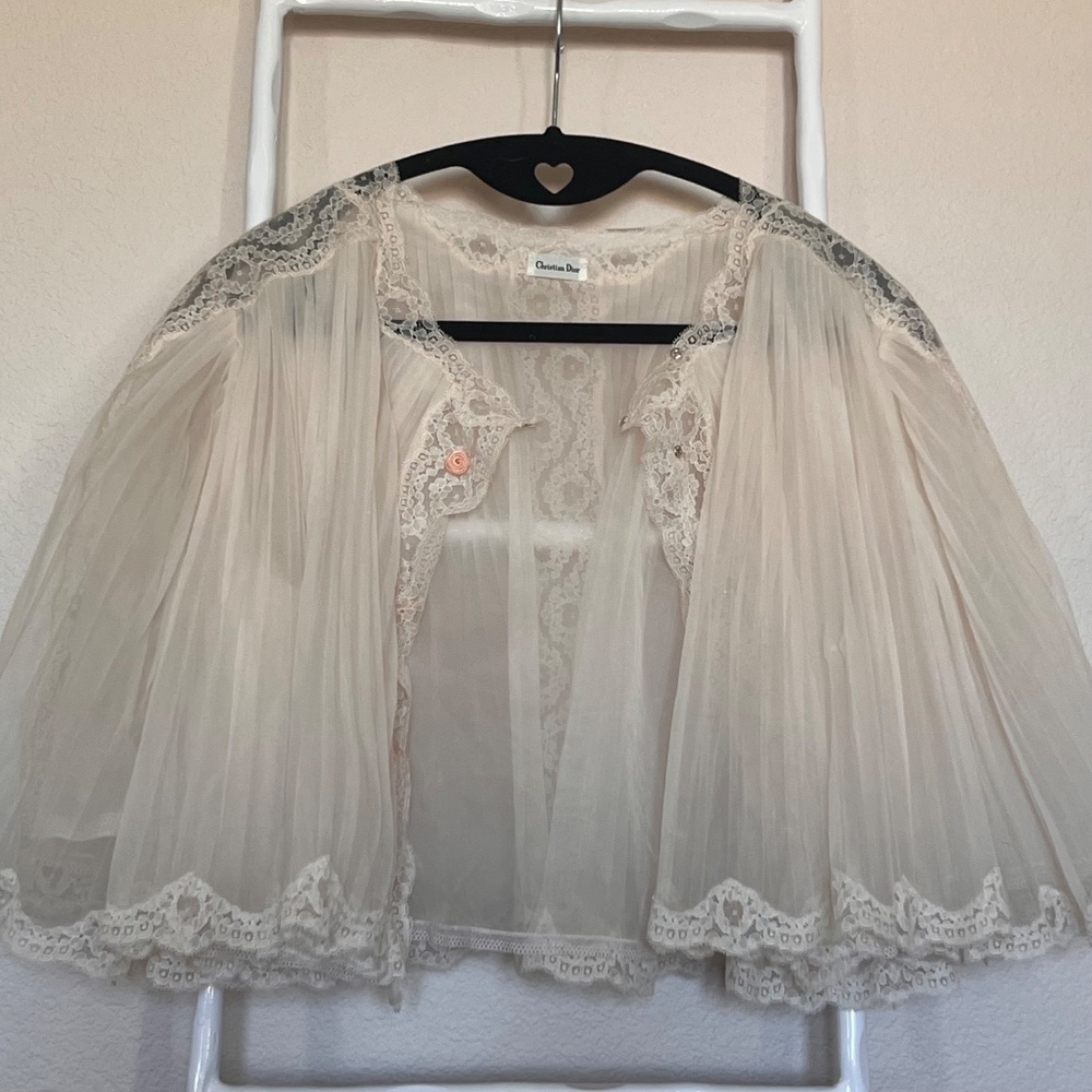 Vintage Christian Dior Lace Bed Jacket Sheer Peignoir Top Romantic Bridal 70s 80 - Picture 3 of 16
